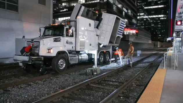 Railway track bed cleaning with an MTS suction excavator.